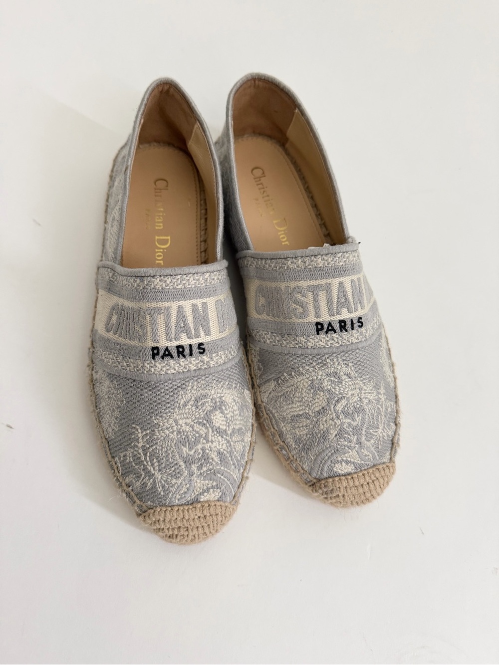 Christian Dior Granville Embroidered Gray Espadrille Flats 37 quiet luxury vac